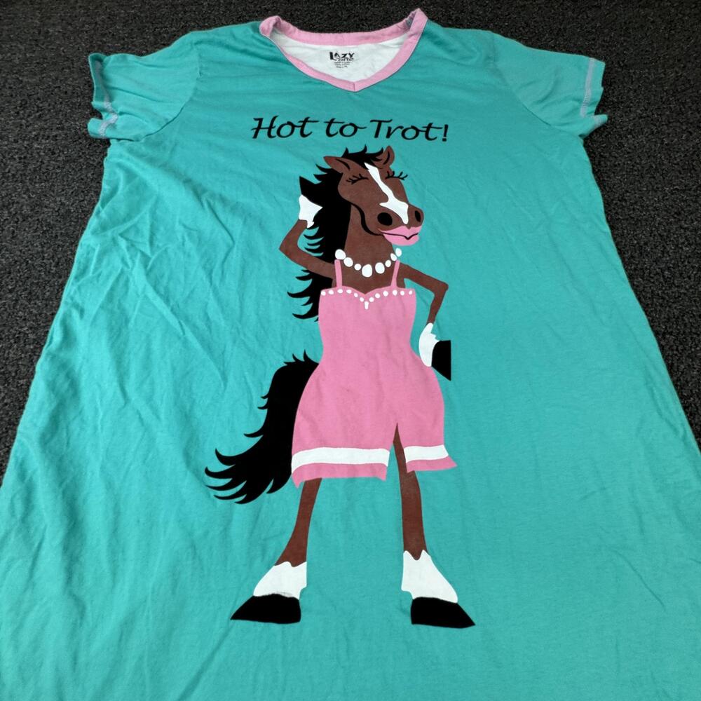 Lazy One Sleepshirt Womens L/XL Green Chemise Horse Graphic V-Neck Cotton